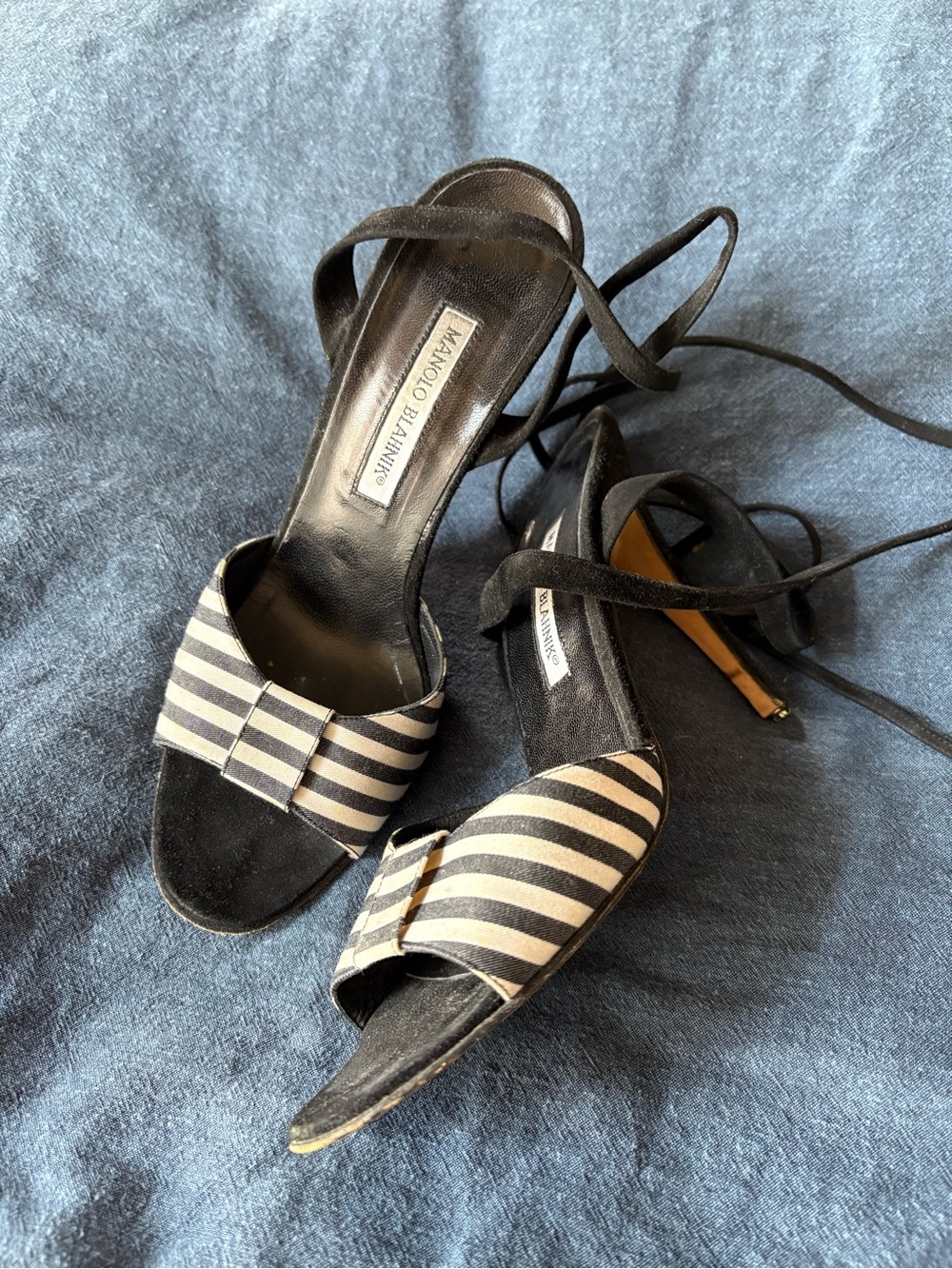 Vintage Manolo Blahnik Black and Cream Striped Tie-Ankle Sandals